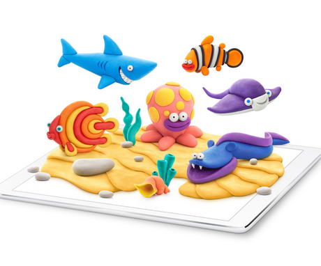 Hey Clay Ocean Creatures colorful clay models of shark, octopus, clownfish, stingray, eel, and discus fish on tablet.