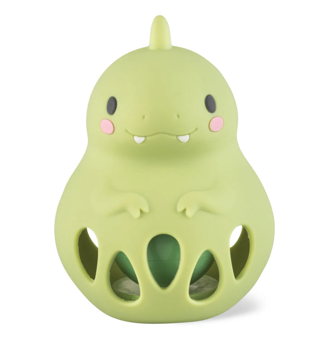 Silicone Rattle | Dino in soft green silicone with cute face, easy grip, and gentle rattle for babies' sensory play.