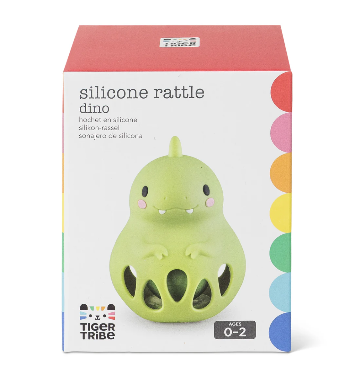 Silicone Rattle | Dino in colorful packaging, soft green silicone dino toy for babies ages 0-2 with sensory rattle sound.