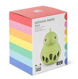 Silicone Rattle | Dino in colorful box, soft green silicone baby toy with gentle rattle, safe for ages 0-2.
