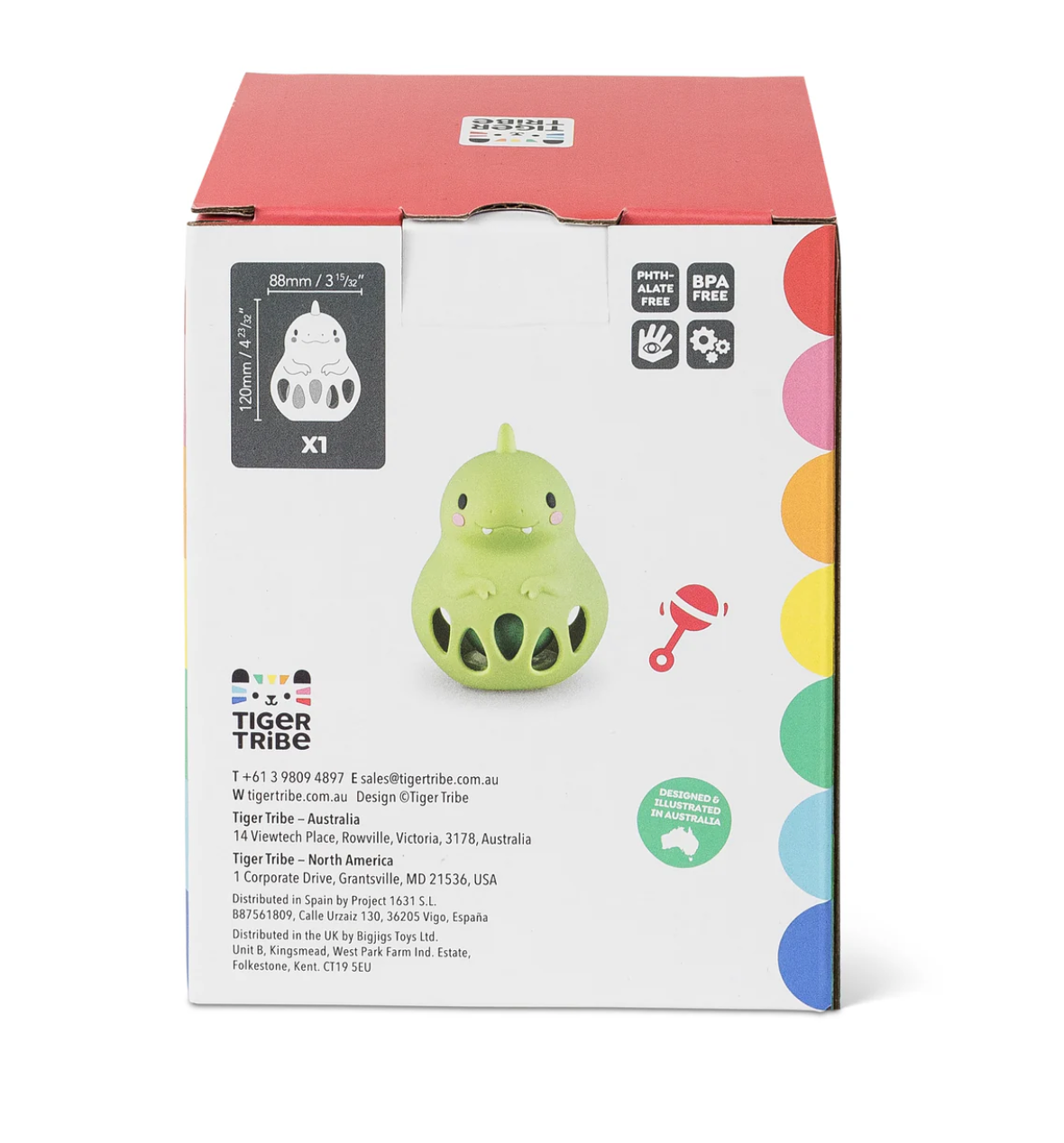 Silicone Rattle | Dino in packaging, showing green soft silicone rattle safe for babies 0-2, BPA and phthalate free.