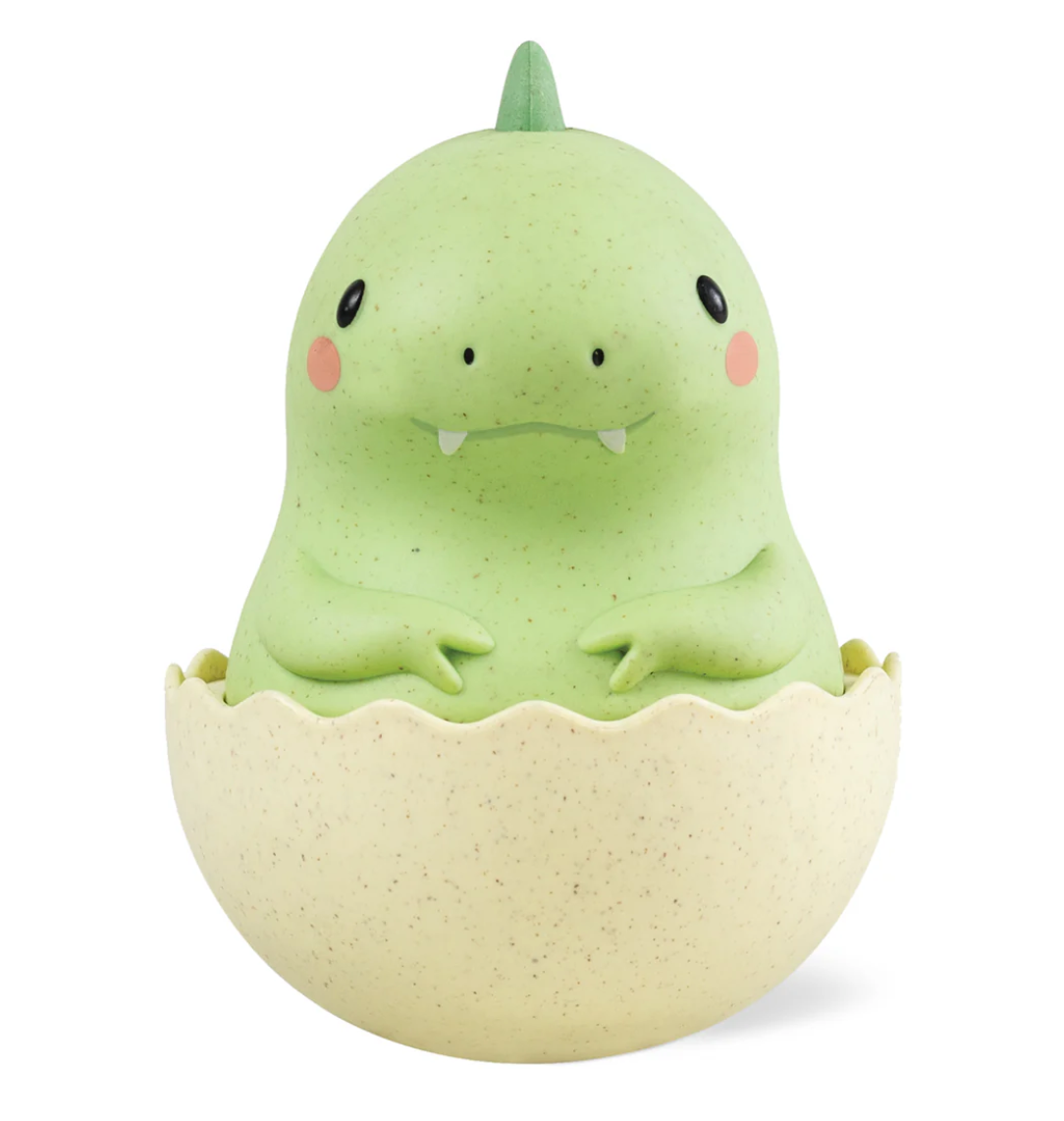 Roly Poly Dino baby toy in an egg shell with green dino design, perfect for sensory play and crawling babies.