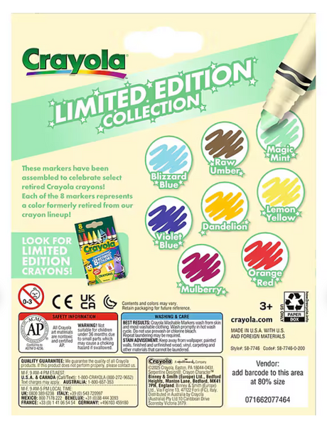 Markers 8 Pack Limited Edition with retired Crayola colors including Magic Mint, Dandelion, and Orange Red.