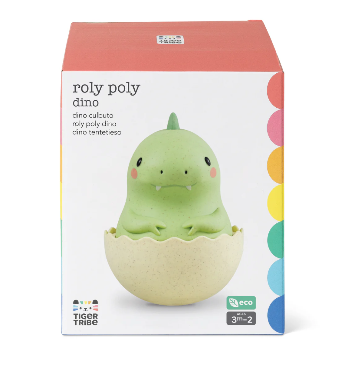 Roly Poly Dino baby toy in egg shell, green dino character made from eco-friendly bioplastic for sensory play.