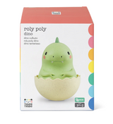 Roly Poly Dino baby toy in egg shell, green dino character made from eco-friendly bioplastic for sensory play.