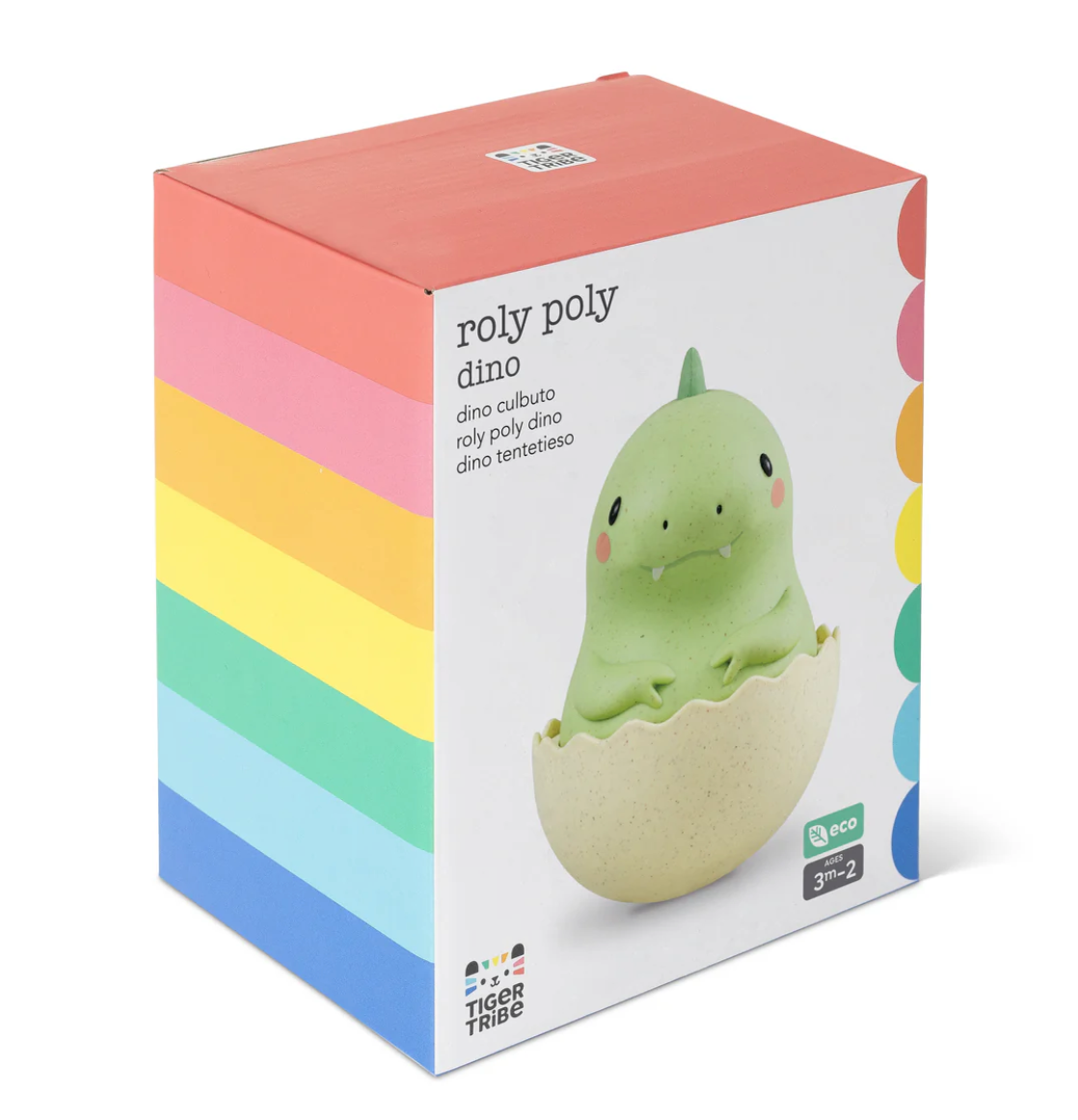 Roly Poly Dino baby toy in eco-friendly packaging with rainbow sides, perfect for sensory play and early learning.