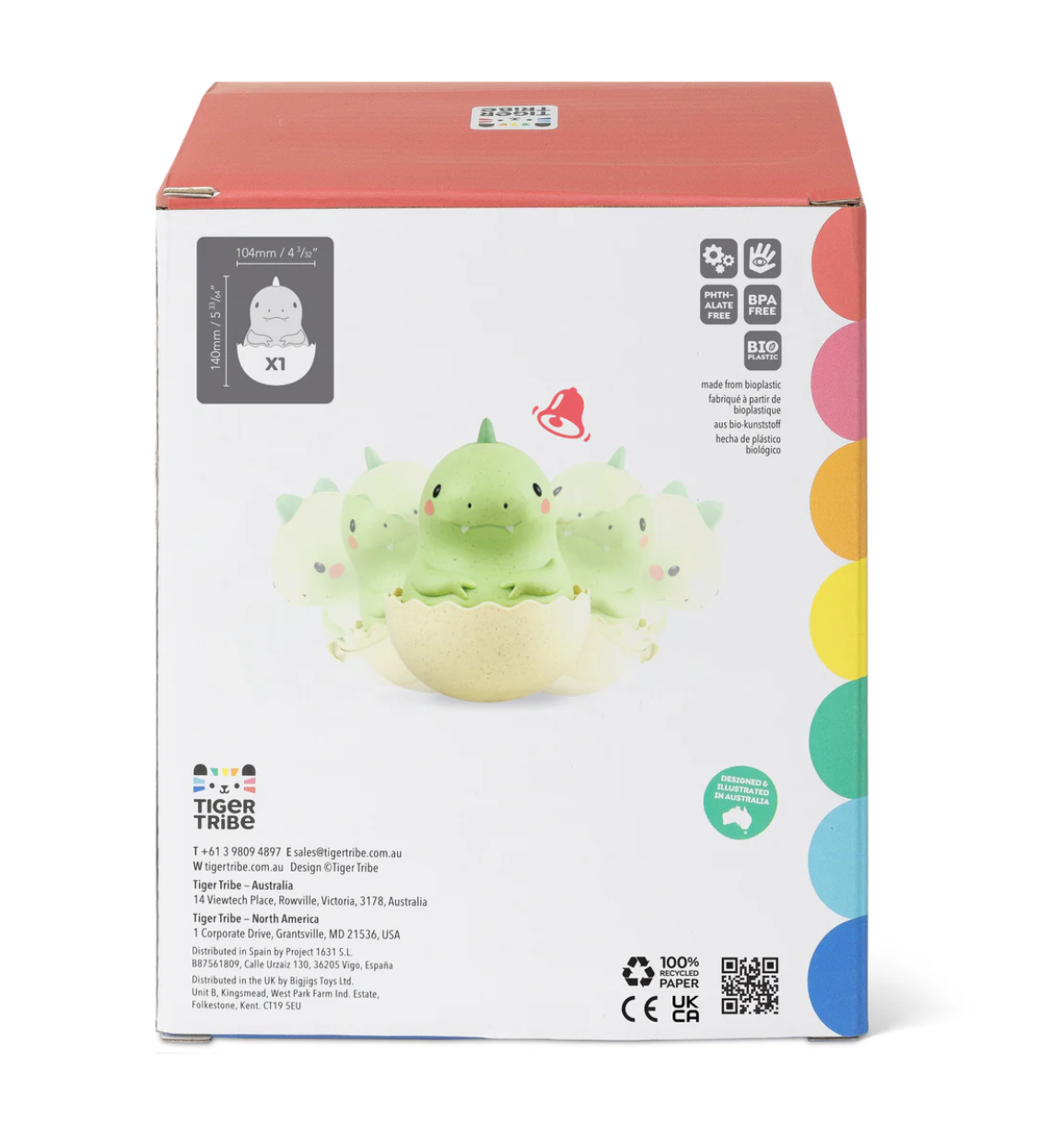 Roly Poly Dino baby toy in eco-friendly packaging with BPA-free material and sensory play features.