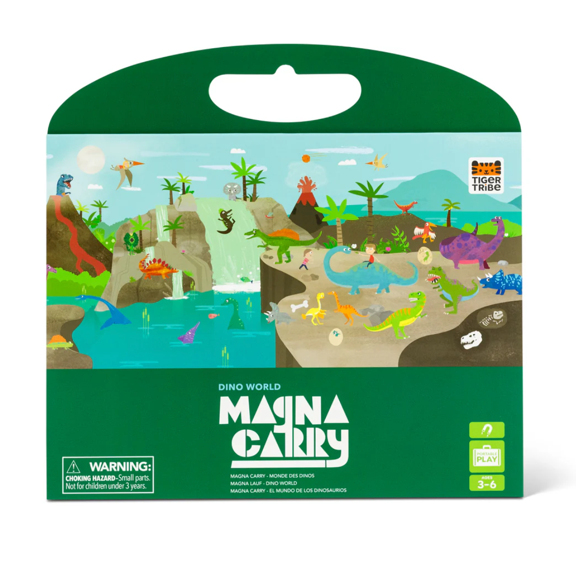 Magna Carry | Dino World featuring dinosaur characters, erupting volcano, waterfall, and prehistoric play scene for kids ages 3-6.