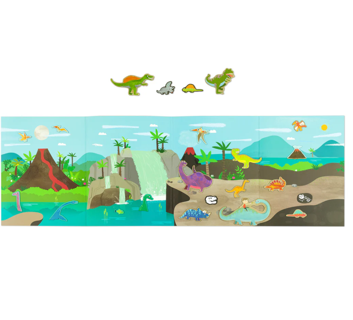 Magna Carry | Dino World playset featuring prehistoric dinosaurs, erupting volcano, waterfall, and dinosaur egg adventure scene.