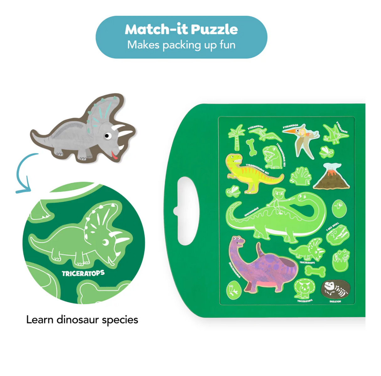 Magna Carry | Dino World showing dinosaur magnets fitting into matching puzzle on green portable case for kids.