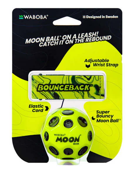 Waboba Bounceback! Moon Ball on leash with adjustable wrist strap and elastic cord for endless bouncing fun.