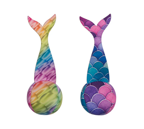 Two colorful mermaid-style pool sinkers in rainbow and purple scales, designed as Waboba Dive Tails for kids to grab underwater.