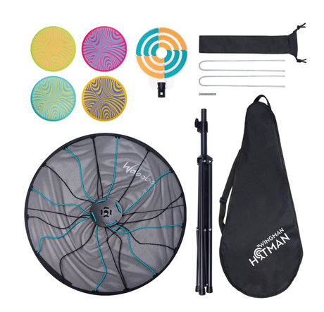 Waboba Hitman 2 in 1 disc target game set with discs, adjustable cage, stakes, and carry bag for outdoor play.