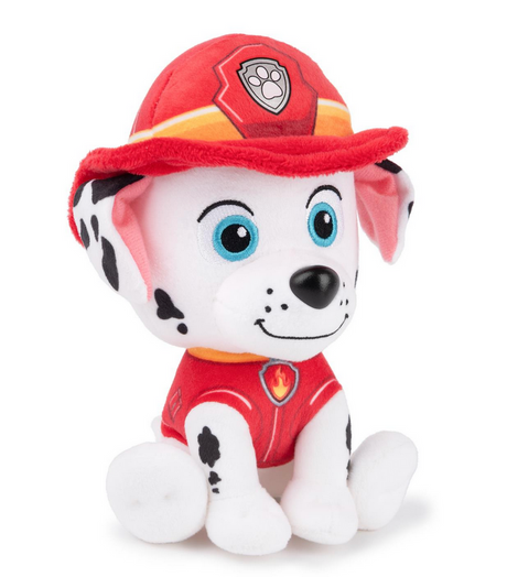 Paw Patrol Marshall plush toy in red fireman uniform with blue eyes and black spots, sitting and smiling.