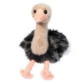 Ostrich Omar plush toy with fluffy black body, long fuzzy neck, and friendly face perfect for cuddling and fun.