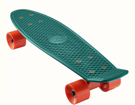 Quip Mini Cruiser Skateboard Tropical Teal with durable plastic deck and bright orange wheels, perfect for easy commuting.
