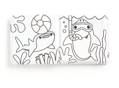 Bath Book Color Magic | Shark Splash! showing black and white aquatic shark illustrations ready to change color with water.