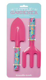 Garden Tools | Butterfly Rainbow kid-size pink rake and shovel with colorful butterfly handles for little gardeners.