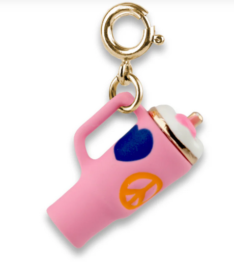 Gold On-the-Go Cup Charm featuring a pink mini cup with peace sign and heart designs and gold clasp accessory.