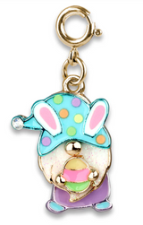 Gold Easter Gnome Charm with colorful hat, bunny ears, and pastel Easter egg holding gnome design.