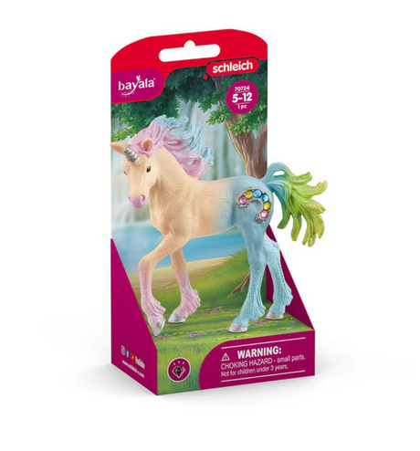 Bayala | Marshmallow Unicorn Foal pastel-colored unicorn toy with pink, peach, blue, and green mane and tail in packaging.