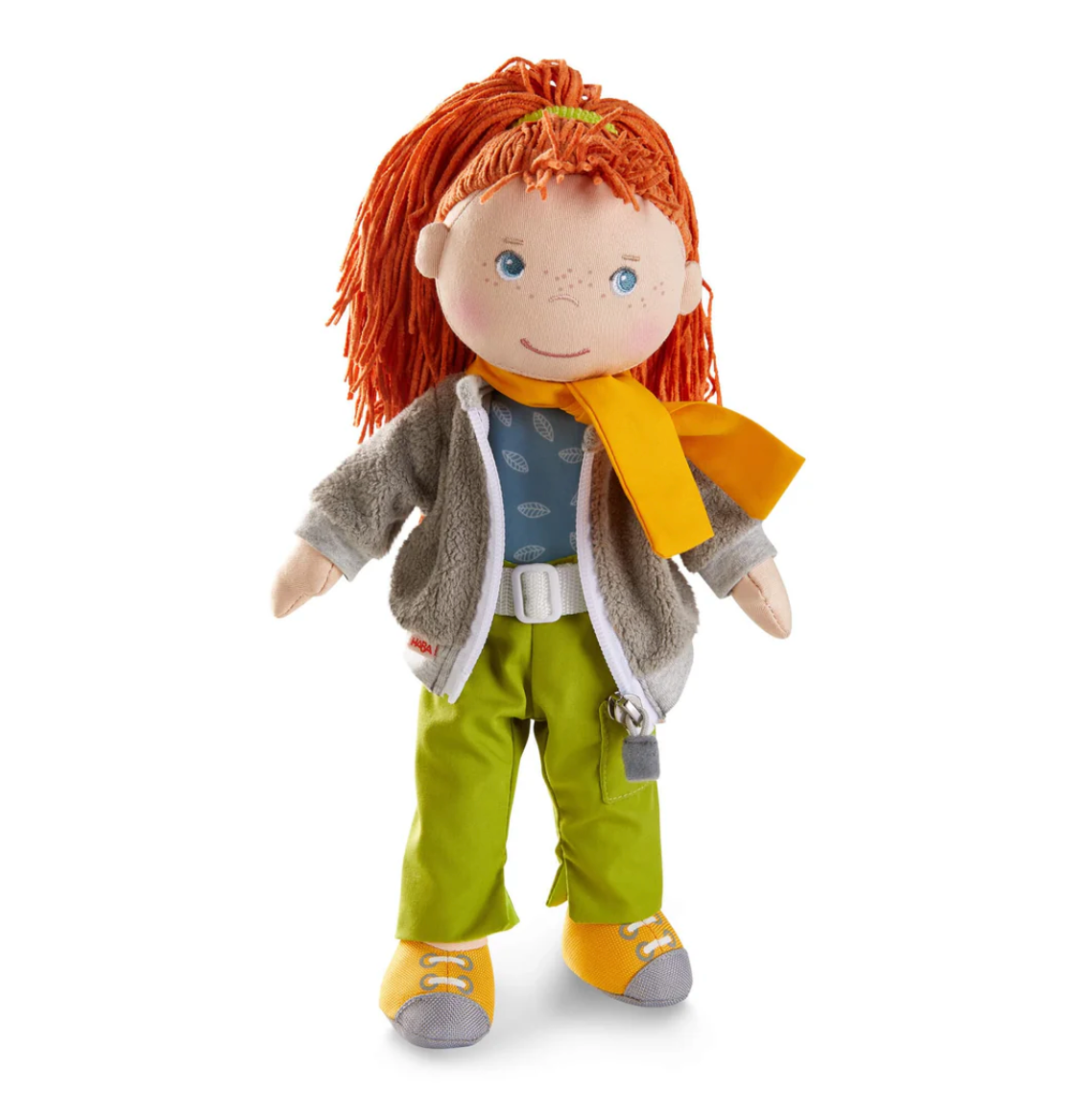 Soft Doll | Soley with red hair, cozy fleece jacket, yellow scarf, green pants, and sporty shoes for outdoor adventures.