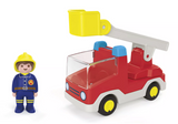 Junior | Ladder Unit Fire Truck with a firefighter figure and a red fire truck featuring a swiveling ladder and basket.