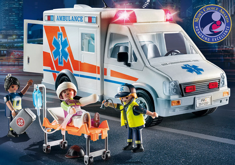 City Action | Ambulance with Lights playset featuring ambulance, paramedic figures, stretcher, and medical accessories.