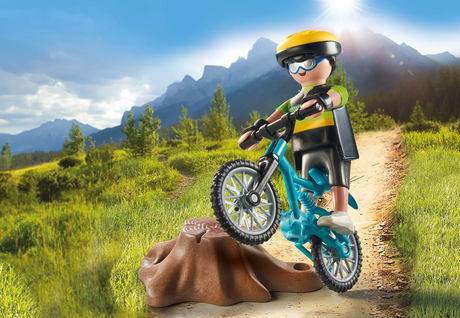 Special Plus | Mountain Biker figure with helmet and mountain bike riding on a rocky trail in natural landscape.