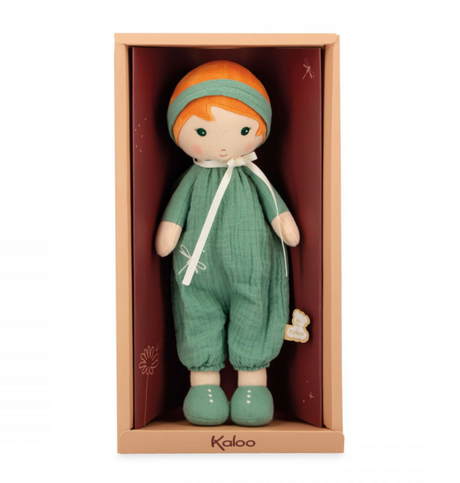 Tendresse | Olivia fabric doll in green dungarees with headband, perfect for cuddling and baby gifts.