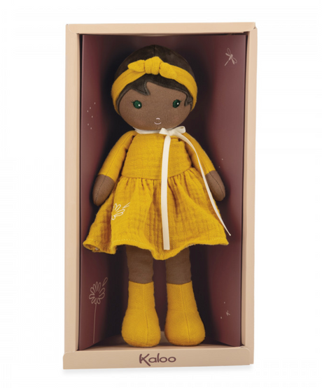 Tendresse | Naomi doll with soft cotton muslin dress in sunny yellow, headband, and boots, perfect for toddlers.