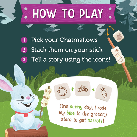 Campfire Chatmallows showing how to stack story starter icons on a stick for creative storytelling play.