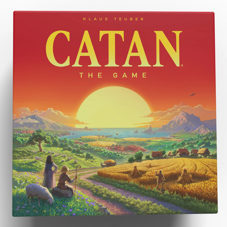 Catan 6th Edition board game box featuring a scenic sunset over a vibrant island landscape with fields and mountains.