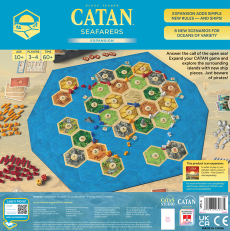 Catan Seafarers Expansion 6th Edition board game with hex tiles, wooden ships, and game pieces on a table for 3-4 players ages 10+.