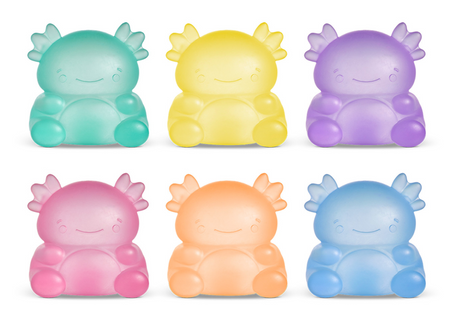 Super Duper Sugar Squisher | Axolotl assorted colorful, gel-filled, squishy sensory stress relief toys in six vibrant colors.