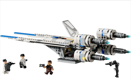 Star Wars Rebel U-Wing Starfighter LEGO set with swing-wing, shooters, minifigures Cassian Andor, Dedra Meero, ISB agent, and K-2SO.
