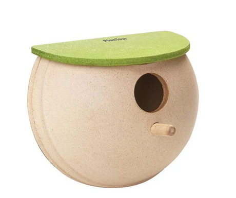 Bird House 2 with minimalist design, green roof, round body, and small perch for garden decoration or bird nesting.