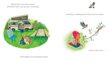 Illustration from You Are Home showing children playing near a camper and a girl watching birds in nature.