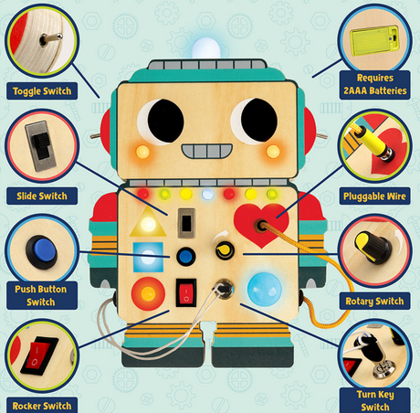 Blinkity Bot Montessori wooden switchboard for toddlers with lights, buttons, switches, and plug-in wire for interactive play.