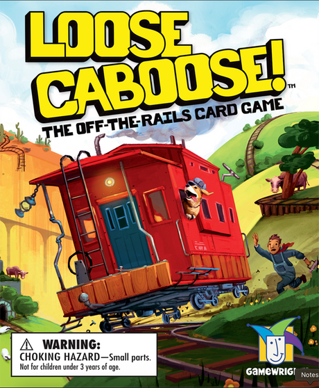 Loose Caboose board game box featuring a runaway red caboose with a dog and playful characters in a colorful countryside setting.