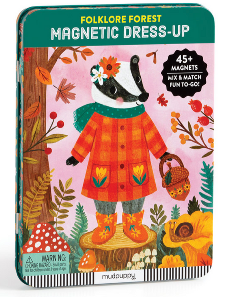 Magnetic Dress Up Folklore Forest features a badger in colorful fall outfit with 45+ mix and match magnets.