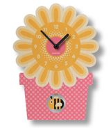 Wood Pendulum Clock Pink Flowerpot with sunflower design and swinging bee pendulum in pink flowerpot shape.