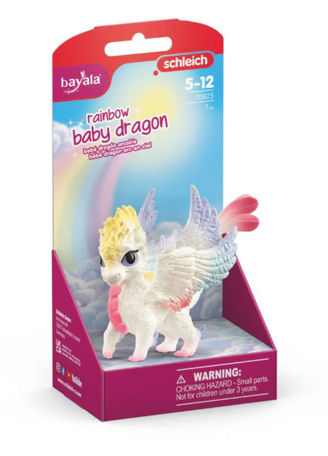Bayala | Rainbow Baby Dragon toy with white coat, yellow crest, pink chest stripe, and colorful shimmering wings.