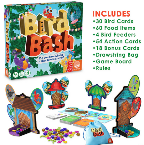 Bird Bash board game box and pieces including bird cards, feeders, food items, action cards, and game board for family play.