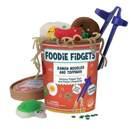 Foodie Fidgets Ramen Noodles squishy sensory toys with stretchy noodles, toppings, and finger chopsticks for stress relief.