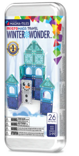 Magnatiles Micromags Travel Winter Wonder set with 26 pieces to build icy castles and snowy scenes for ages 3 to 99.