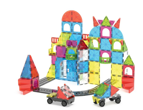 Magnatiles City Center 110pc showcasing colorful magnetic building blocks with vehicles and connected road pieces.