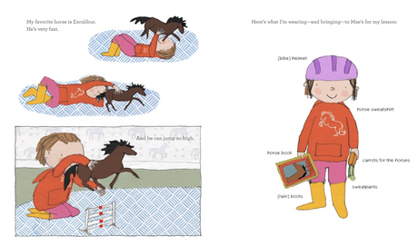 Illustration from The Riding Lesson showing Frances with horse book, helmet, sweatshirt, boots, and toy horse.