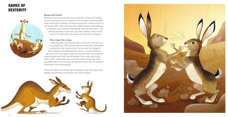 Elephant Bowling and Other Animal Play book spread showing illustrated kangaroos playing and text on animal dexterity.