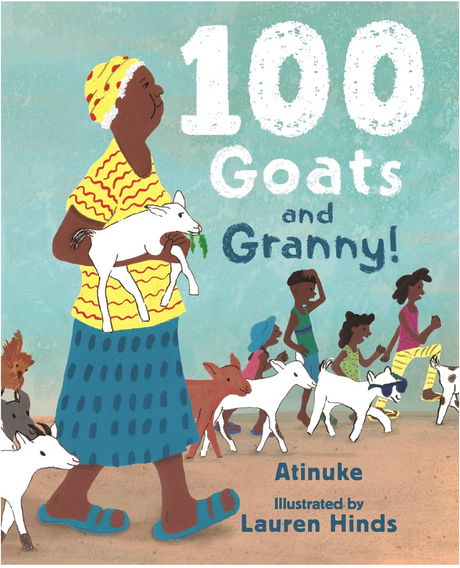 Cover of 100 Goats and Granny! showing Granny holding a goat with children and goats walking in the background.